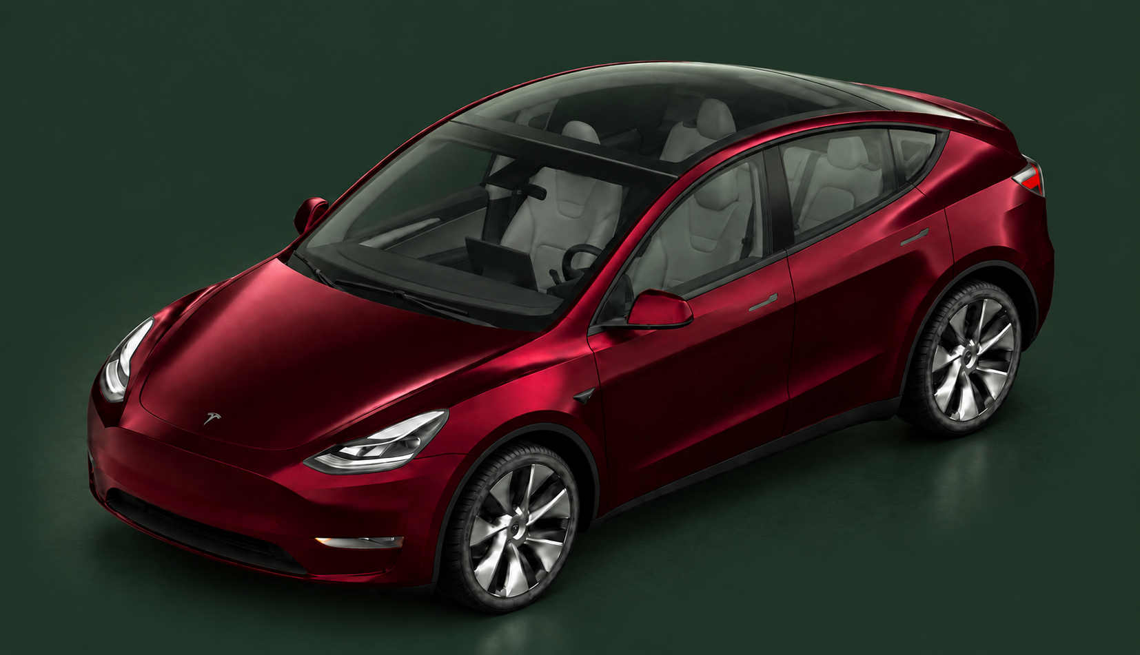 Cherry, a Midnight Cherry Red Model Y, viewed from the front left